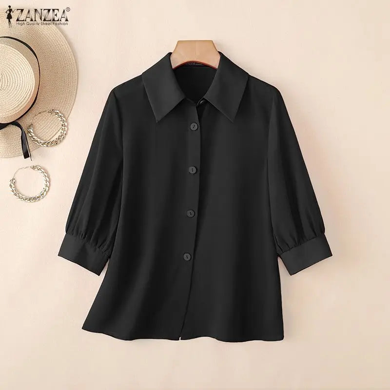 ZANZEA Woman Summer 3/4 Lantern Sleeves Shirts Turn-Down Collar Button Up Tops Casual Daily Wear Solid Color Chemises Femme