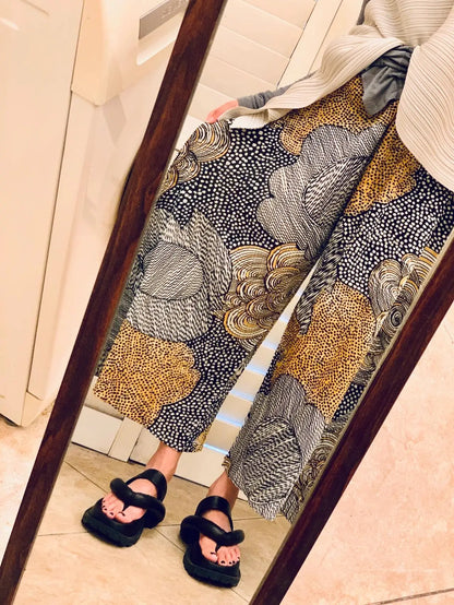 Miyake Pleated Printed Pants 2025 Summer New Elastic Loose Retro Clashing Color Wide Leg Pants