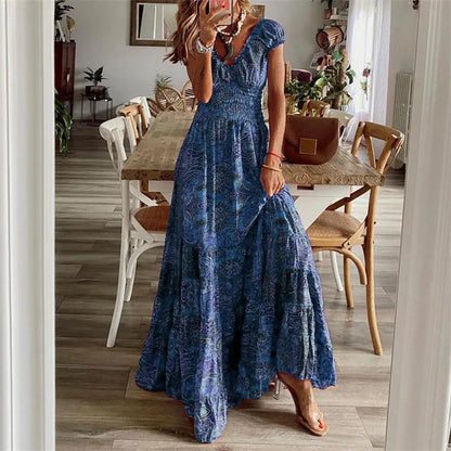 2026 New European and American Bohemian Style Long Dress, Waist-Cinching, Floral Print, Large Hem Dress