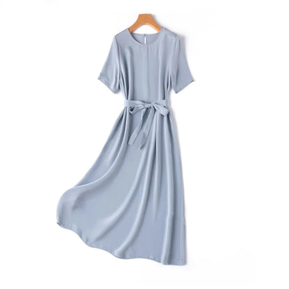 2026 Summer New 26MM 93%Natural Mulberry Silk Elastic Heavy Wrinkle Round Neck Short Sleeve Straight Mid Length Women's Dress