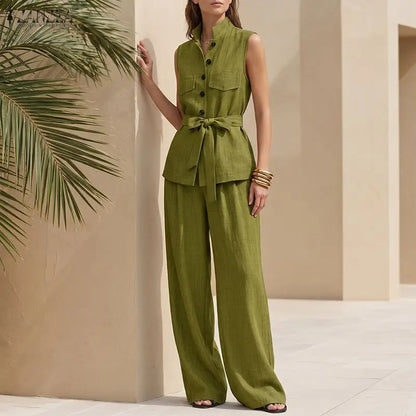 ZANZEA Stylish Summer Sleeveless Tanks Tops Pant Sets Women Elegant Casual Holiday Outfits Solid OL Work Tracksuit 2 Pieces Sets
