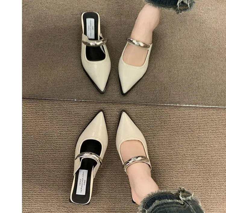 2026 New Women Cover Toe Mules Slippers Fashion Metal Decoration Thick Heel Slide Shoes Comfort Street Style Footwear