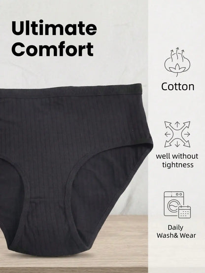 10Pcs Women Solid Black Ribbed Cotton Briefs Set, Mid Rise Simple Daily Basic Panties, Casual Everyday Ladies Underwear Multi Pa