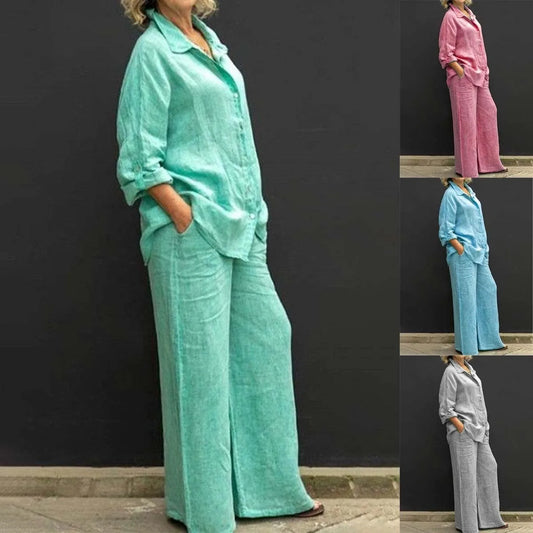 Spring and Summer Suit Women's Lapel Long-sleeved Loose Shirt High Waist Wide-leg Pants Casual Two-piece Set