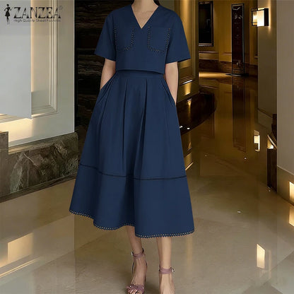 2026 ZANZEA Summer Elegant V Neck Short Sleeve Blouse Dress Sets Stylish Women Outfits Elegant OL Work Suit Solid 2 Pieces Sets