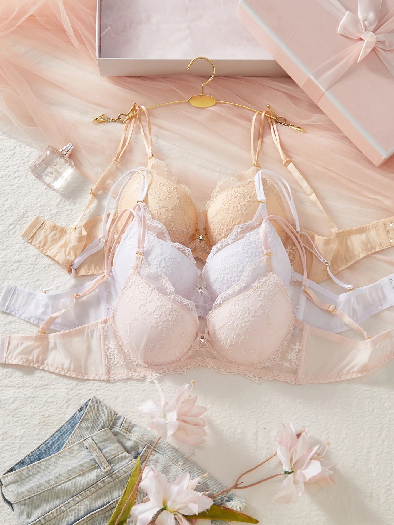3PCS Sexy Floral Lace Women's Underwear Set Bow Push up Bra Supportive and Comfortable Unpadded Female Lace Bra
