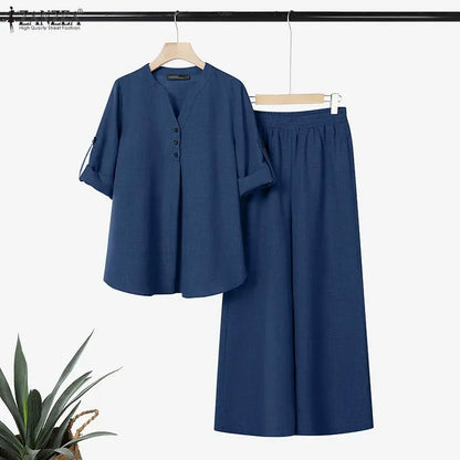 ZANZEA Women's Casual Loose Pant Suits Half-Button Long Sleeve Blouse & Wide Leg Pant 2 Piece Sets Summer Daily Pant Sets Outfit