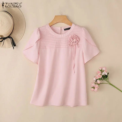 ZANZEA Summer Women Blouse Short Sleeve Elegant Flower Pleated O Neck Casual OL Work Tunic Tops Casual Blusas Streetwear