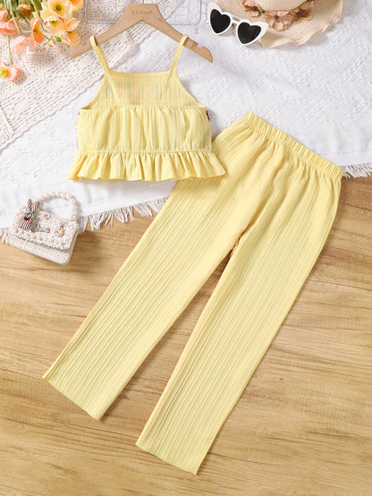 Girls 2-Piece Set Summer Fashion Floral Decorated Short Ruffle Shoulder Tank Top And Straight Leg Pants Casual Wear