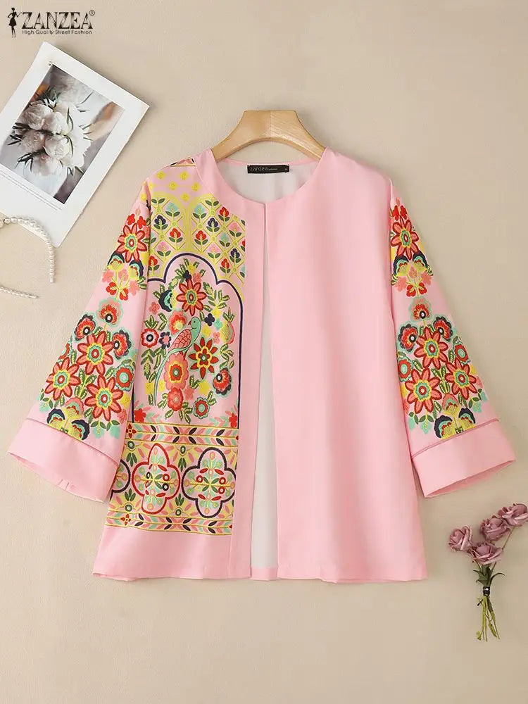 ZANZEA Bohemian Floral Printing Women Cardigan Autumn 2025 O-Neck Long Sleeve Open-Front Kimono Ethnic Style Woman Cover-Up Tops