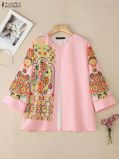 ZANZEA Bohemian Floral Printing Women Cardigan Autumn 2025 O-Neck Long Sleeve Open-Front Kimono Ethnic Style Woman Cover-Up Tops