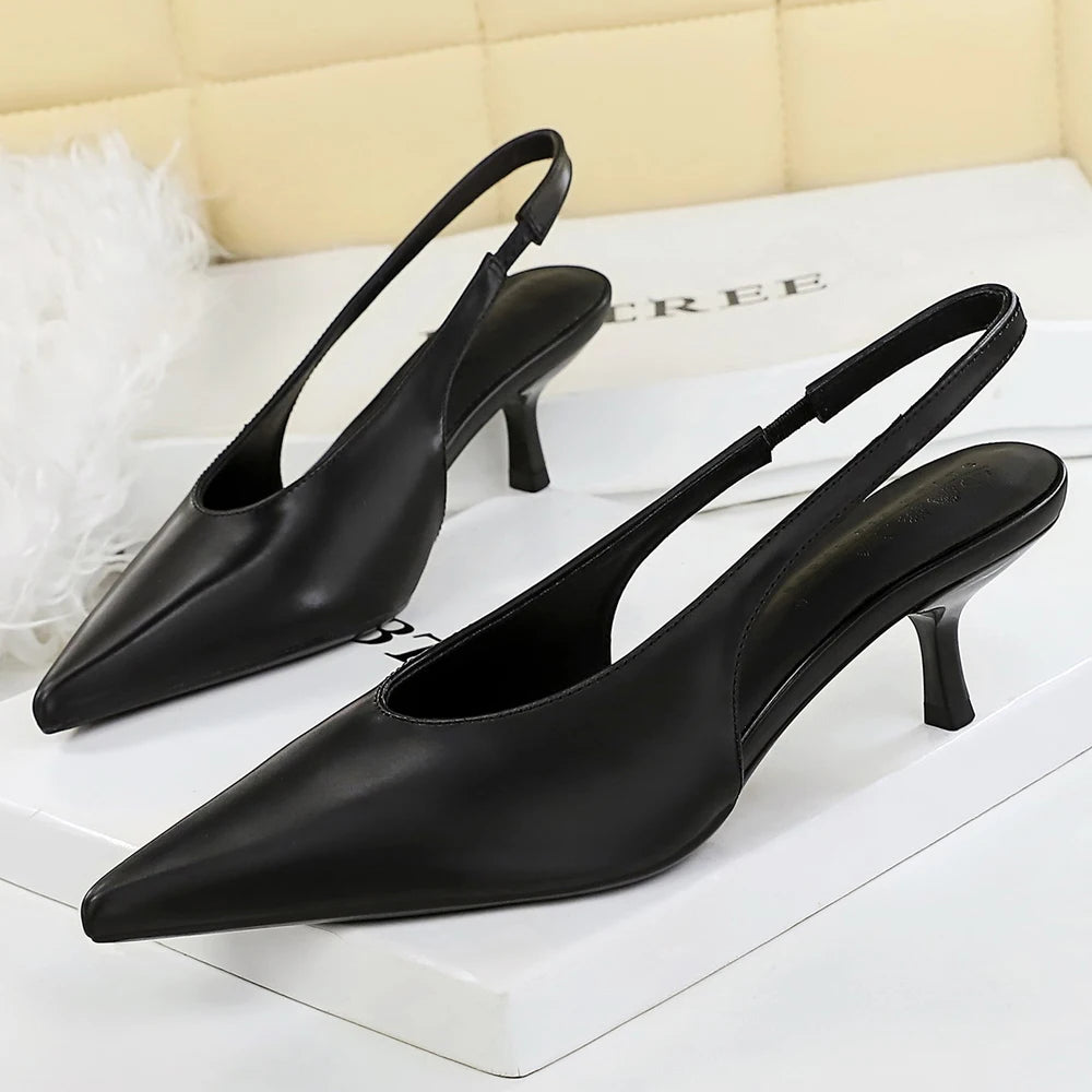 BIGTREE Shoes Kitten High Heels Women Pumps Stiletto Heels 5 cm Pointed Toe Middle Heel Shoes Rear Empty Rear Strap Women Shoes
