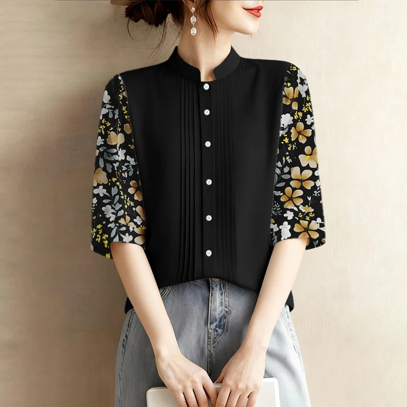 ZANZEA Elegant Floral Printed 3/4 Sleeve Shirts Women Fashion Stand Collar Button Up Pintuck Patchwork Blouses Spring Woman Tops