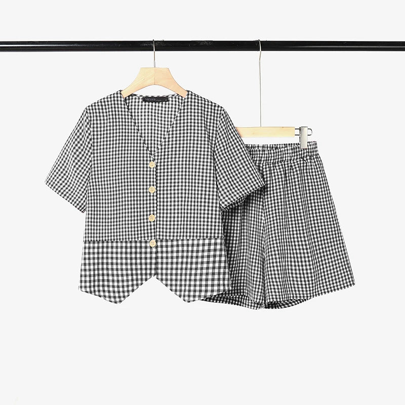 ZANZEA Women's Gingham Patchwork Short Sets Short Sleeve Tops & Elastic Waist Shorts 2 Piece Suits Summer Daily Casual Outfits