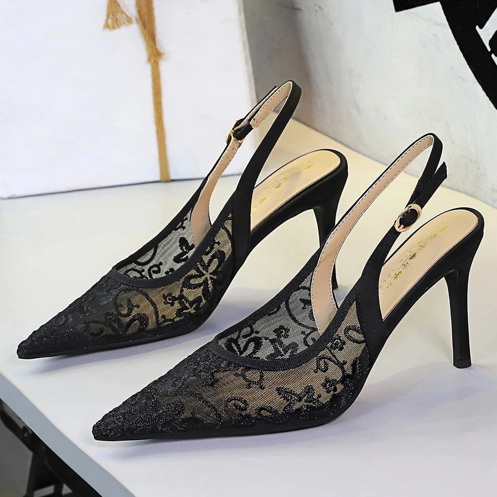 BIGTREE Shoes Lace Mesh Sandals For Women Wearing Heels Ladies Shoes Summer High-heeled Sandals Women Pumps Sexy Party Shoes