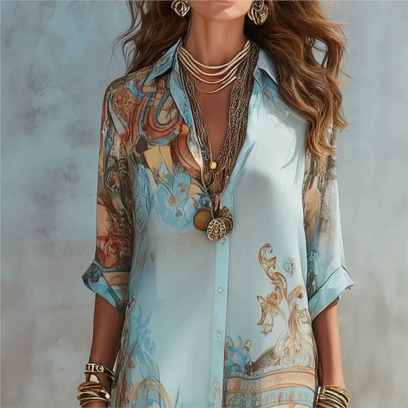 Boho Floral Print Shirt Dresses Women Turn-down Collar Single-breasted Loose Long Dress Summer Casual Beach Vacation Flowy Dress