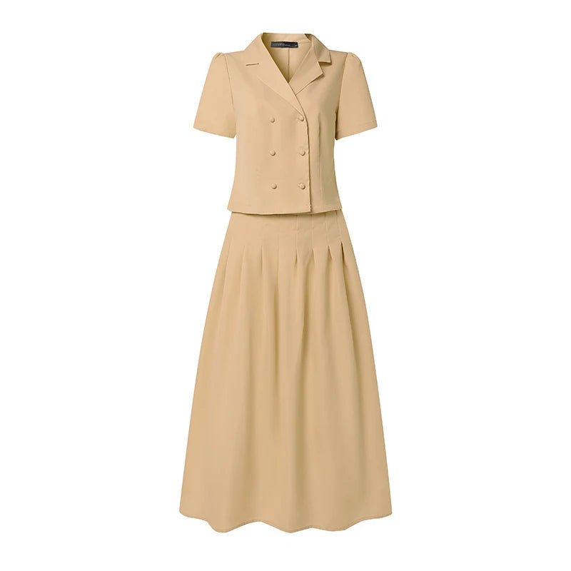 2026 ZANZEA Summer Office OL Outfits Elegant Women Dress Sets Lapel Neck Short Sleeve Shirt Pleated Midi Skirt Suit 2 Piece Sets
