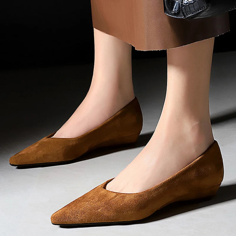2026 New Ladies' Wedge Shoes Suede Low Heeled Women's Shoes Non-Slip Comfort Ladies Shoes Large Size 43 Pointed Low Heeled Shoes