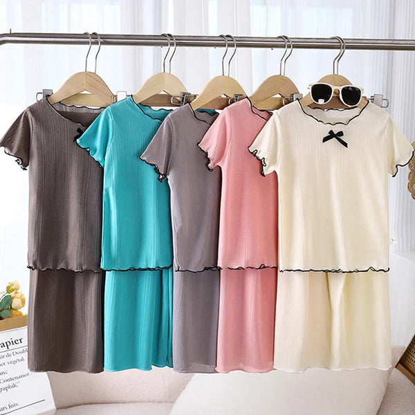 1Set Girls Short Sleeve Round Neck T-shirt Tops+Pants Babys Summer Fashion Sweet Bow Childrens Set New Kids Casual Home Clothes