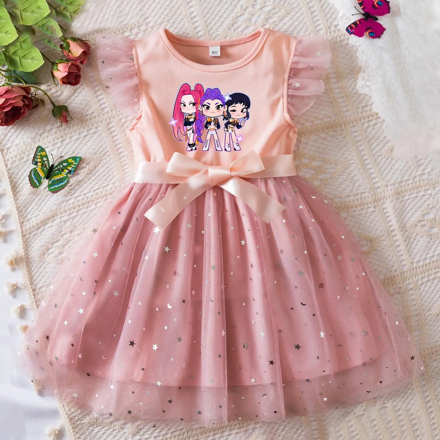 K-Pop Hunters Zoey Rumi Girls Sequin Tutu Dress with Bow Flutter Sleeves Summer Princess Party Outfit for Toddler Kids 2-6Y