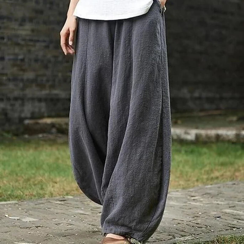 Cotton Linen Bloomers Wide Leg Pants Women Vintage Full Length Fashion Elegent Pants Solid Elasitic Waist Spring Autumn 5XL