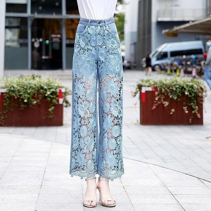 Women'sHigh Waist Lace Panel DenimWide Leg Pants with Floral Cutout Design,Summer Breathable Straight LegTrousers for Daily Wear