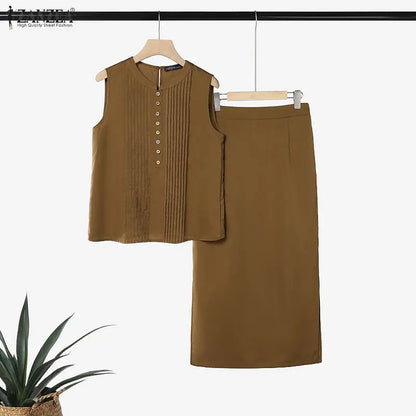Summer Sleeveless Tank Tops A Line Midi Dress Sets ZANZEA 2PCS Women OL Work Outfits Casual Solid Color 2 Pieces Sets Skirt Suit