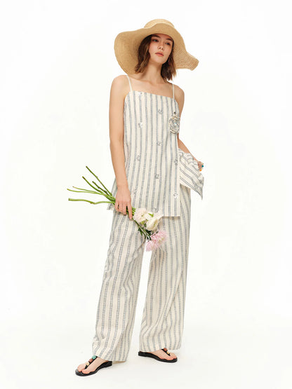DUSHU 2026 Summer Women Striped Linen Cotton Straight Leg Elastic High Waist Breathable Casual Trousers Boho Beach Coastal Style