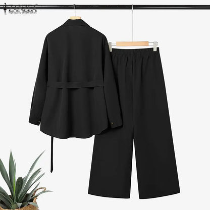 Modest Pant Suits for Hijabs Women Fashion Sashes Long Sleeve Shirts and Elastic Waist Pants 2 Piece Muslim Sets Islamic Outfits