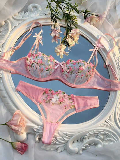 Sweety Women Floral Embroidery Bra And Briefs Set Hollow Sleepwear Underwear Ultrathin Lace Transparent Babydoll Cute No-pad Bow