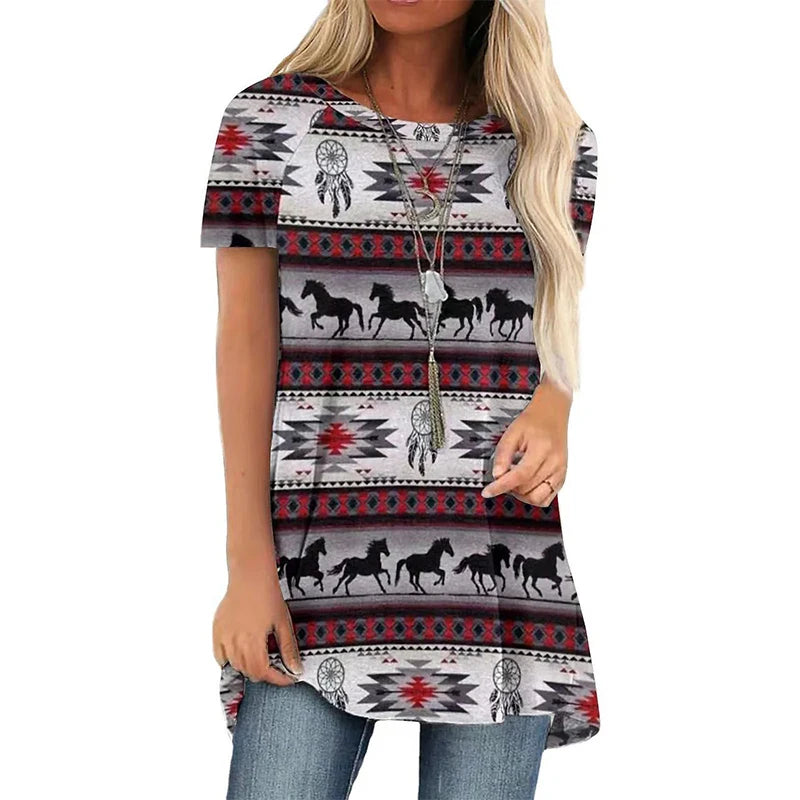 Western Ethnic Style T-shirt 3D Print Geometry Streetwear Women Retro Tunic T Shirts Y2K Tops Tees Woman Girl Oversized Clothing