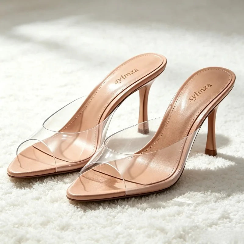 Sexy Pointed Toe Peep Toe Heeled Sandals Women Transparent PVC Design Women Slippers Summer Elegant Women Shoes Mules Sandalias