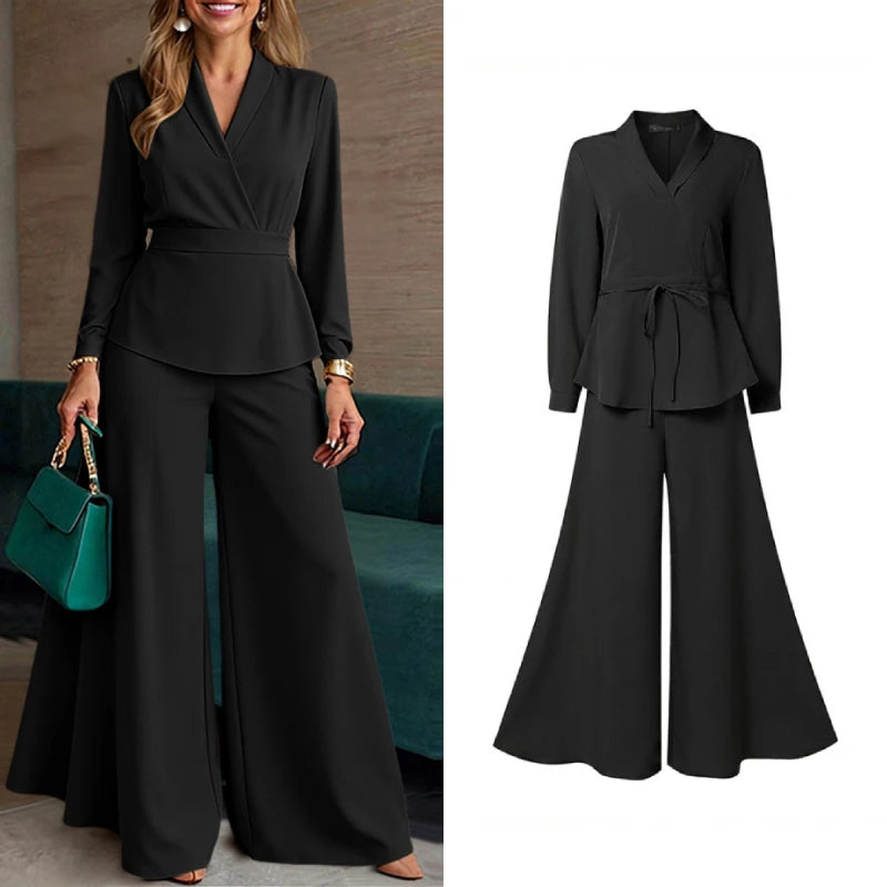 ZANZEA Plus Size Women's Minimalist Pant Suits Wide Leg Flared Pant & Long Sleeve Blouse 2pcs Sets Casual Loose Sets Outfits 5XL