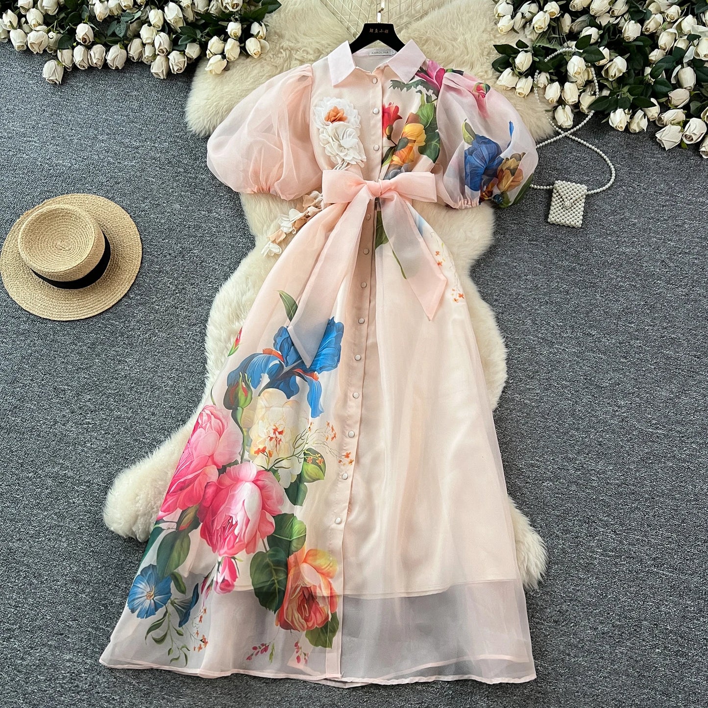 Chic vintage Sexy print mesh lace-up button Fairy Summer  Women Boho Sundress women clothing Long dress