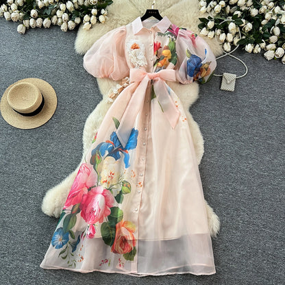 Chic vintage Sexy print mesh lace-up button Fairy Summer  Women Boho Sundress women clothing Long dress