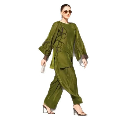 Muslim Sets Women Top Blouse Wide Leg Pants Suit Flower Outfits Modest Morocco Ramadan Dubai Islam Trousers Ensemble 2025