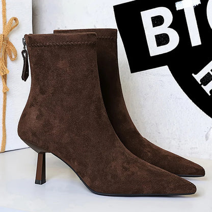 BIGTREE Shoes Retro Suede Pointed Toe Women Boots Rear Zipper Short Boots For Women Stiletto Heels 6.5 cm Sexy Lady Ankle Boots