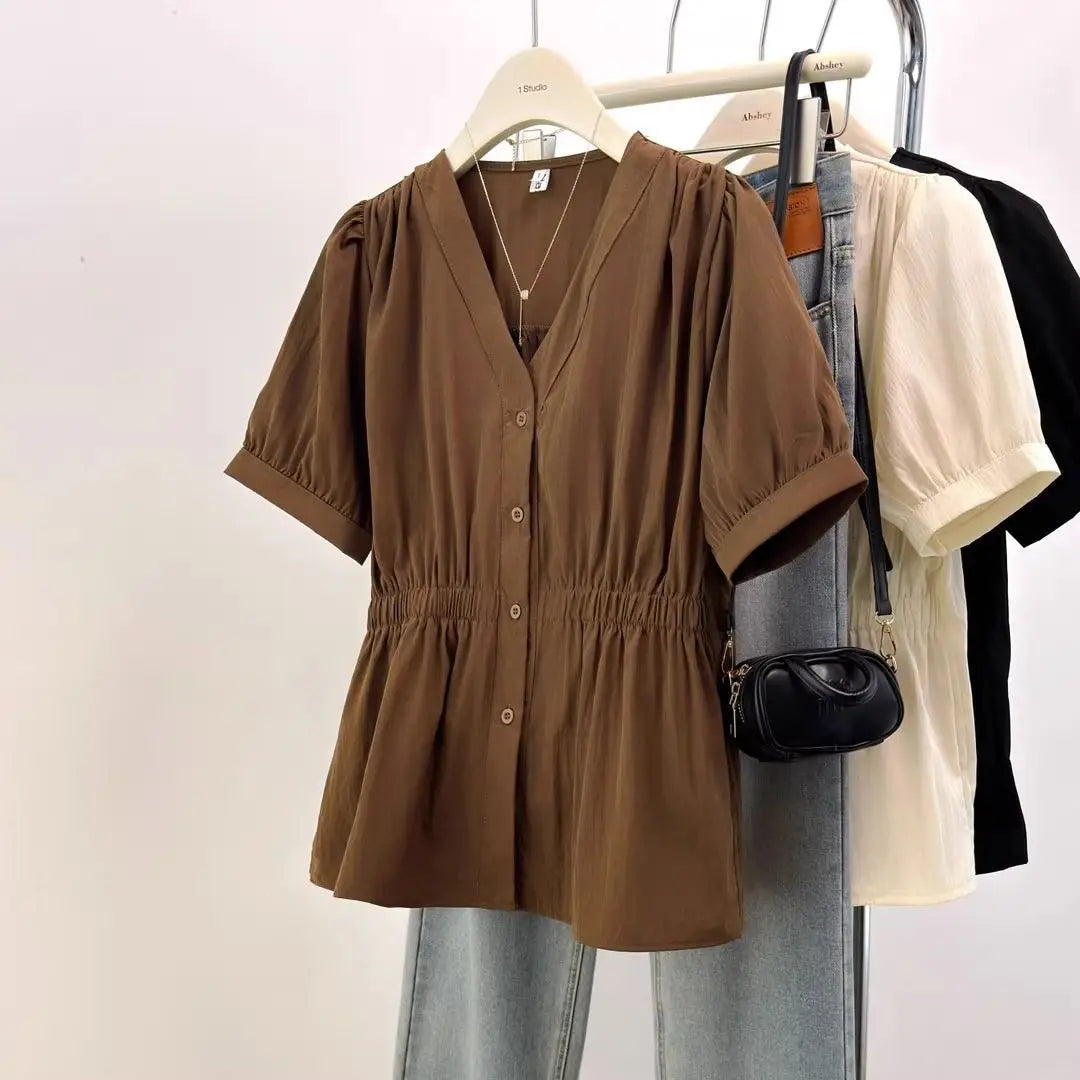 200 Pounds Plus Size Elastic Waist Summer Shirt And Blouse  Solid Top Women's New In Clothes Simple V-neck French