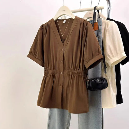 200 Pounds Plus Size Elastic Waist Summer Shirt And Blouse  Solid Top Women's New In Clothes Simple V-neck French