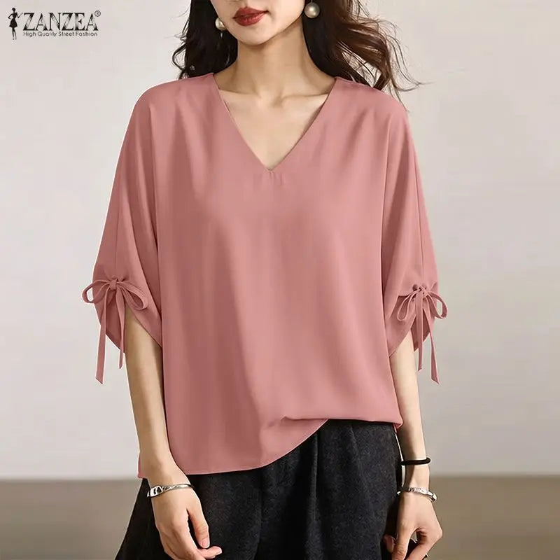 ZANZEA Woman Summer Loose Blouses Casual V-Neck Half Sleeve Tied Cuffs Solid Color Tops Fashion Daily Streetwear Blusas Mujer