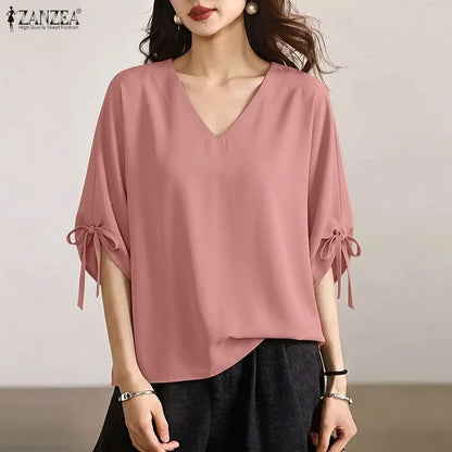 ZANZEA Woman Summer Loose Blouses Casual V-Neck Half Sleeve Tied Cuffs Solid Color Tops Fashion Daily Streetwear Blusas Mujer