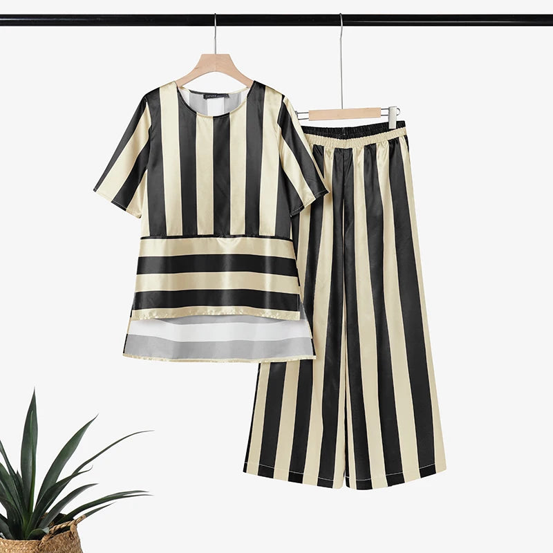ZANZEA Fashion Short Sleeve Blouse Wide Leg Pant Sets Summer 2 Picece Set Women Striped Outfit Elegant Work Suit Stain Tracksuit