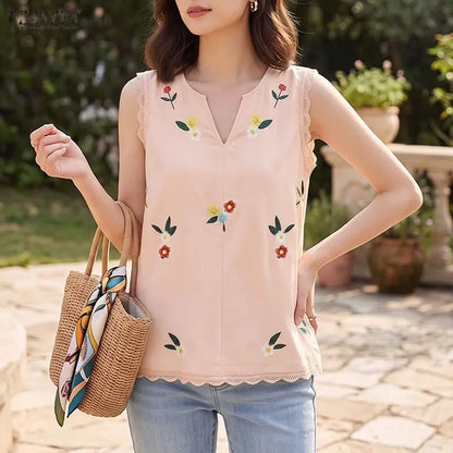 ZANZEA Woman Summer Floral Prints Tank Tops V-Neck Lace Trim A-Line Sleeveless Tops Casual Vacation Beach Blouses 2026 New