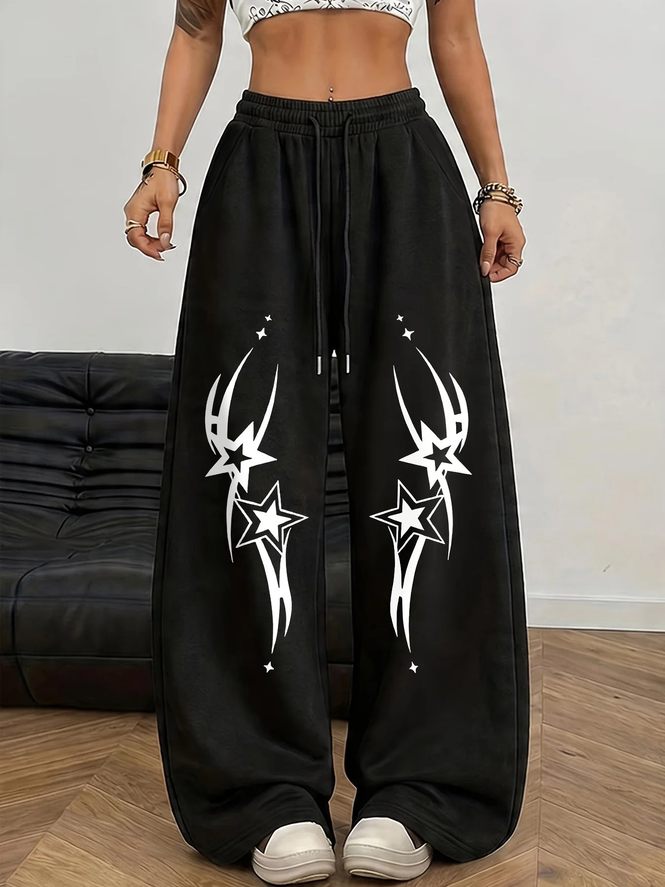 New Women's Plus Size Star Print Pants Fleece Elastic Waist Straight Leg Sweatpants Fashionable and Versatile