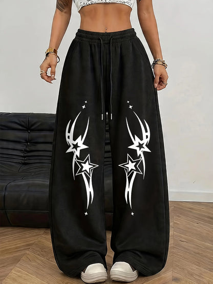 New Women's Plus Size Star Print Pants Fleece Elastic Waist Straight Leg Sweatpants Fashionable and Versatile
