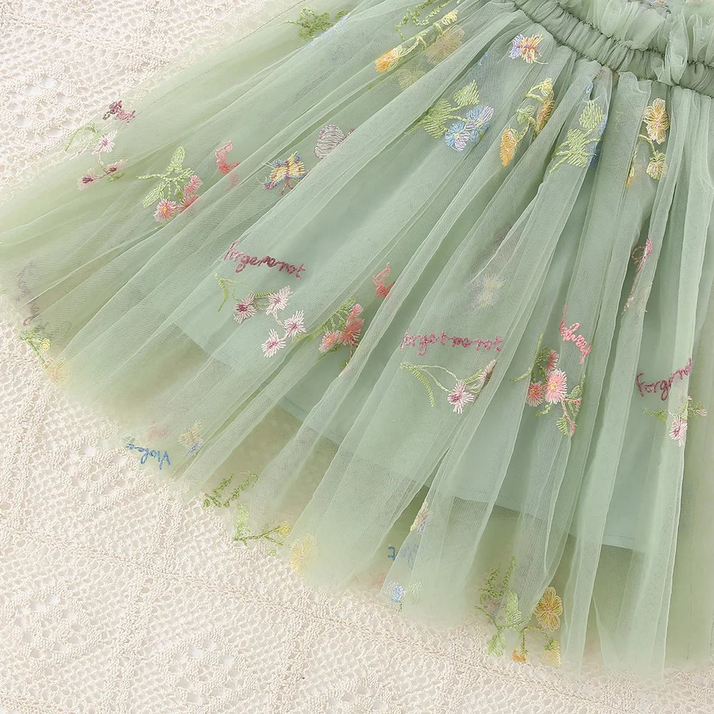 Summer New Girls Dress Halter Mesh Pleated Flower Embroidery Sweet Princess Dress Birthday Party Dress (0-3 Years Old Girls)