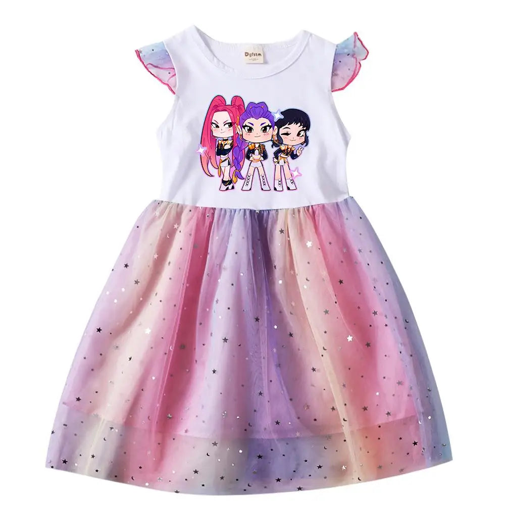 K-Pop Hunters Rumi Baby Girls Dress Children Cartoon Mesh Star Sequins Princess Dress Kids Flying Sleeve Skirt For Birthday Gift