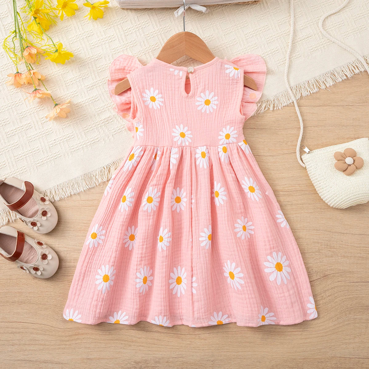 Girls' summer daisy print dress, cotton muslin sweet bowknot dress, ruffle sleeve breathable lightweight dress