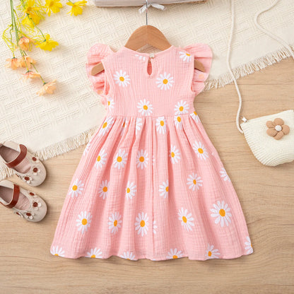 Girls' summer daisy print dress, cotton muslin sweet bowknot dress, ruffle sleeve breathable lightweight dress
