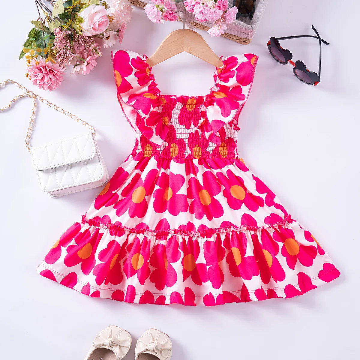 1 - 7 Y Baby Girls Sweet Floral Dress with Ruffled Sleeves & Smocked Waist - Perfect for Party & Summer Wear for Kids Girl Dress